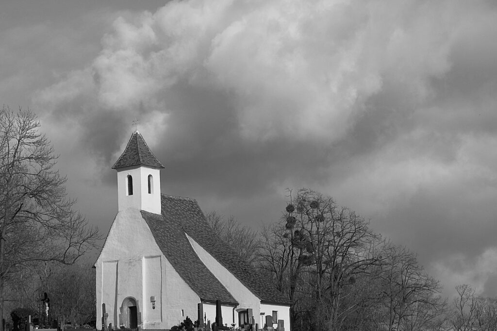 Black and white picture of a church