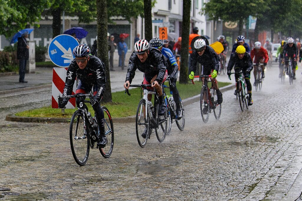A bicycle race in the rain