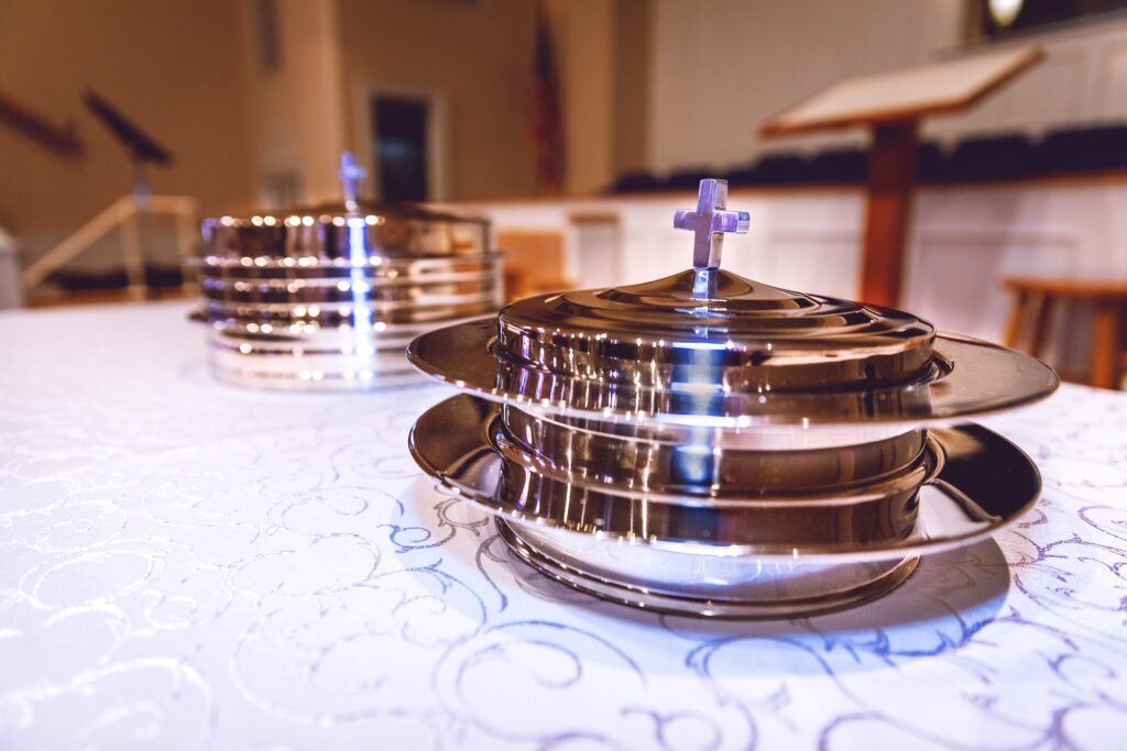 Communion set on a table in a church